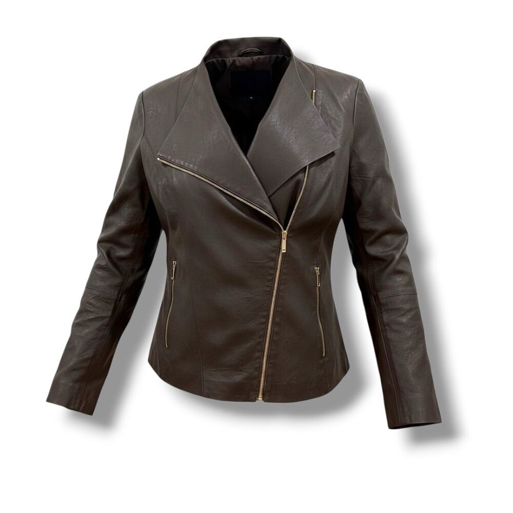 Lafayette 148 New York Brown Leather Moto Jacket Asymmetric Zip Size XL